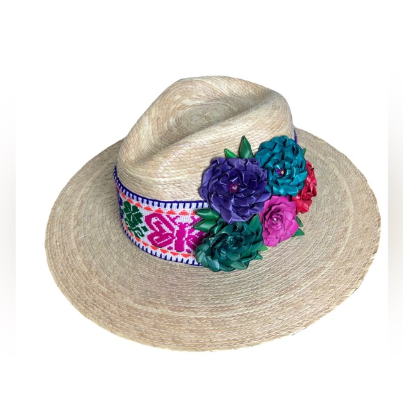 Matching Fedora & Beach Bag Set Straw Woven Embellished Floral - Picture 7 of 9